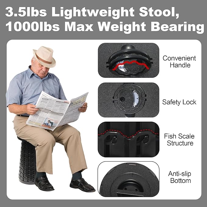 ALEVMOOM Upgraded 19.7" Collapsible Stool Telescoping Stool Foldable for Adults, 1000lbs Max Weight, Heavy Duty Portable Chair for Outdoor Travel&Camping (Black)