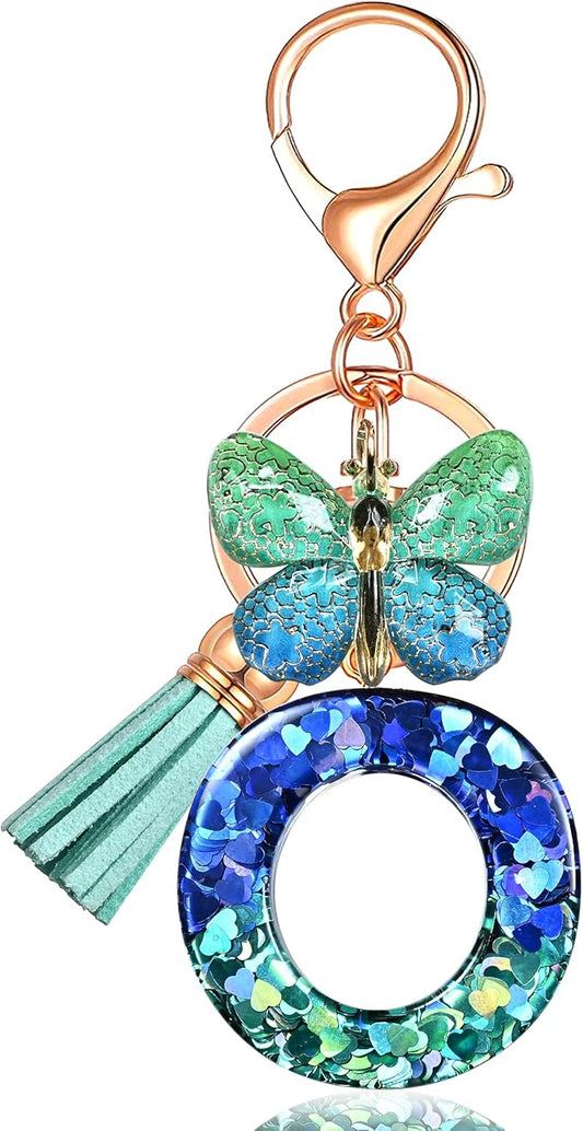 JINGUAZI Initial letter Keychains for Women Tassel Butterfly Pink Purple Cute Car Keychain for Wallet Backpack bag charm