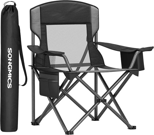 SONGMICS Camping Chair, Folding Lawn Chair with Cooler Bag, 352 lb Weight Capacity, Adjustable Armrests with Cup Holder, Storage Bag, Breathable Nylon Mesh, for Sports Games, Ink Black UGCB060B01