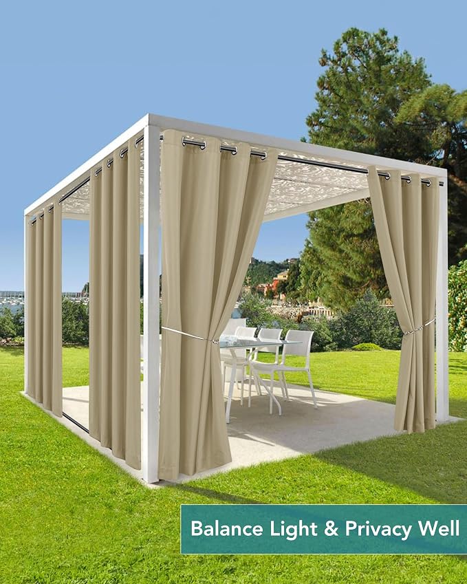 Windproof Outdoor Curtains for Patio Waterproof 4 Pcs 54x108 In Taupe | Grommet - Image 5