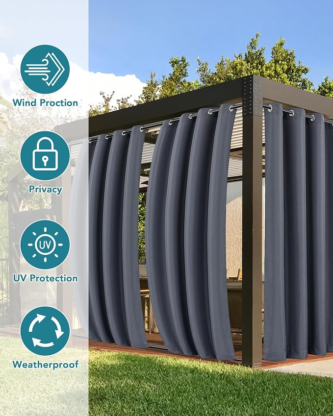 Windproof Outdoor Curtains for Patio Waterproof 4 Pcs 54x95 In Grey | Grommet - Image 3