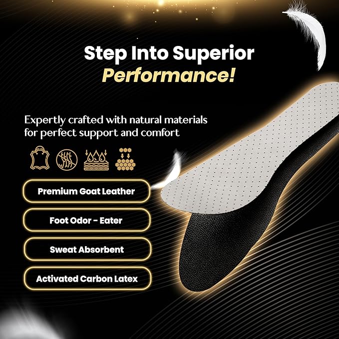 HANDARTE Premium Leather Shoe Insoles | Thin Shoe Inserts for Men | Dress Shoe Insoles - Durable - 100% Natural Goatskin & Anti Sweat - Suitable for No-Socks (US M10 | EU44)