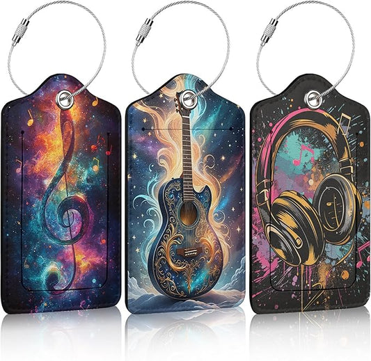 3 Pack Music Note Luggage Tags for Suitcase Headphone Guitar PU Leather Travel Luggage Tag Privacy Cover ID Label for Women Men Baggage Backpack Handbag School Bag