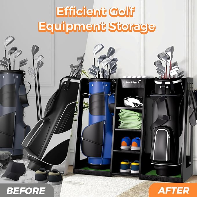 Wooden Golf Storage Organizer for Garage, Premium Golf Bag Holder Rack for Golfing Accessories, Great Gift for Golfers,Husband, Dad