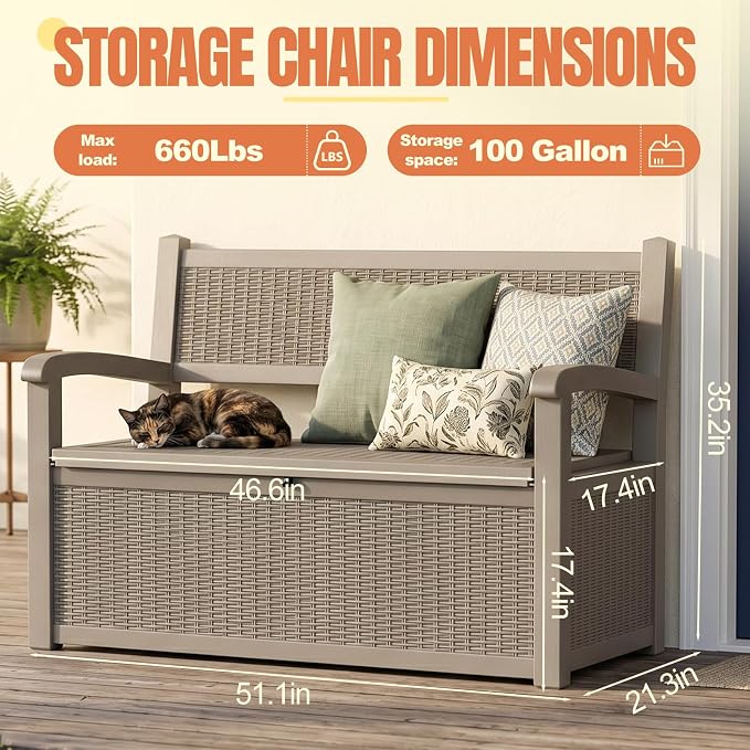 Storage Bench Outdoor Deck Box, 100 Gallon Lockable Patio Furniture, - Image 5