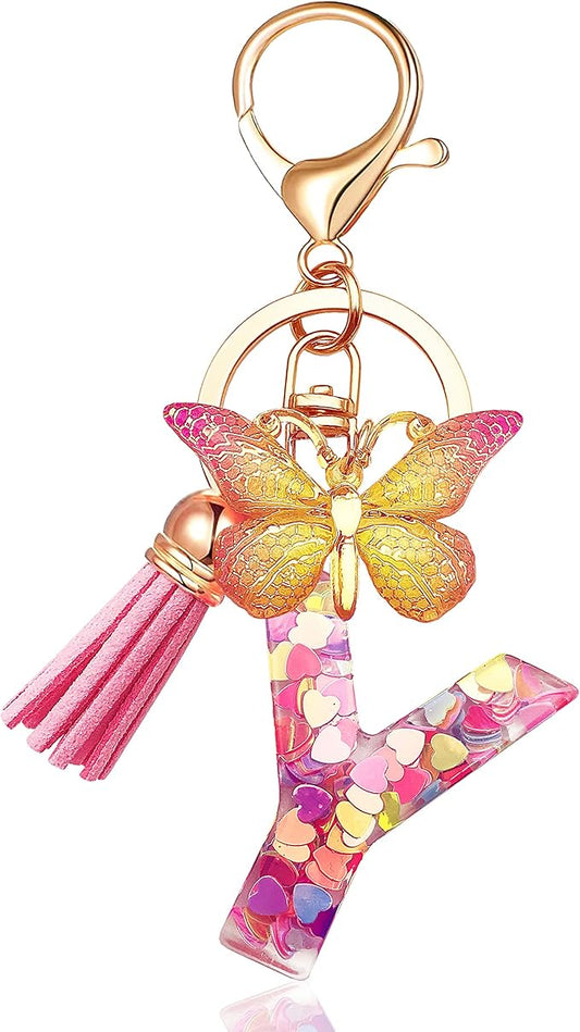 JINGUAZI Initial letter Keychains for Women Tassel Butterfly Pink Purple Cute Car Keychain for Wallet Backpack bag charm