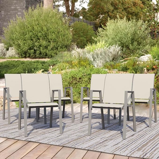 Outdoor Patio Chairs Set of 6, Ivory Beige Stackable Outdoor Chairs, by Home