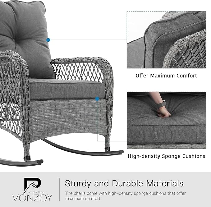 Patio Furniture Set 3 Pieces, Wicker Outdoor Rocking Bistro Set, Backyard or - Image 3