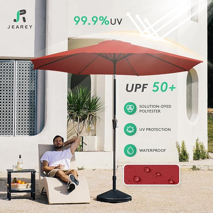 JEAREY 10 ft Outdoor Patio Umbrella w/Tilt and Crank, Light Red | 8 Sturdy Ribs - Image 3