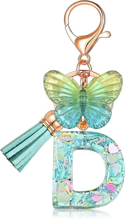 JINGUAZI Initial letter Keychains for Women Tassel Butterfly Pink Purple Cute Car Keychain for Wallet Backpack bag charm
