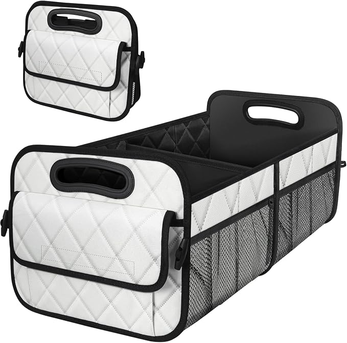 Deosk Trunk Organizer with 6 Pockets - Car Storage Accessory for SUVs, Minivans, and Trucks - 50L Waterproof Polyester (Medium, Beige)