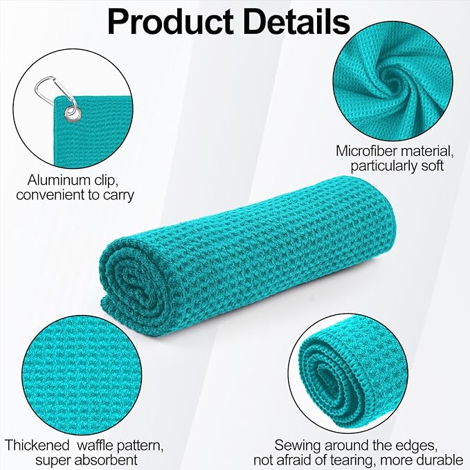 3 Pack Golf Towels, 16" x 16" Premium Microfiber Waffle-Pattern Golf Towel with Aluminum Carabiner Clip - Contains Golf Towels in 3 Colors of Pick, Purple and Cyan for Women's Golf Club Bag