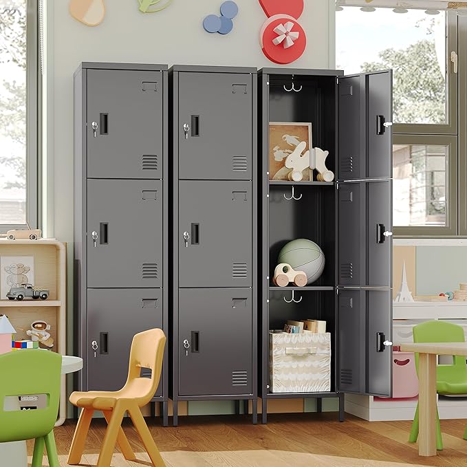 Aobabo 16" W 3 Door Metal Storage Locker with Lock, 66" H Steel Locker with Name Card Holder and Metal Hook for School, Home, Office, Playroom, Assembly Required, Dark Grey