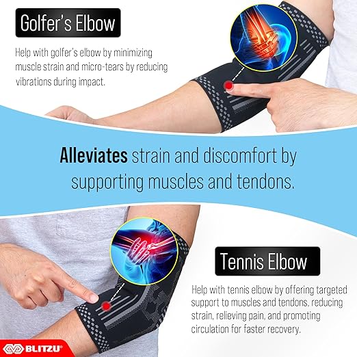 BLITZU Elbow Compression Sleeve for Tendonitis 2 Pack, Tennis Elbow Brace Support for Men and Women Golfers Elbow Pain Relief, Arthritis, Bursitis, Arm Brace for Workout, Weightlifting White M