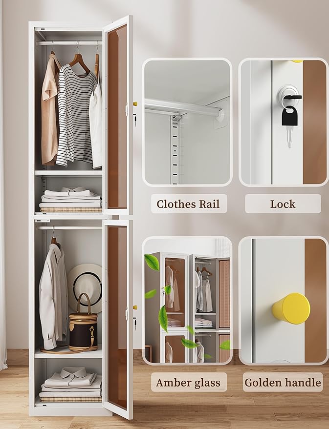 72.83" H Metal Locker 0rganizer for Employees with Lock, Amber Glass Door Cabinet,Lockable Lifetime Locker for Home, Office, Gym, School, Garage (Double Door, White)