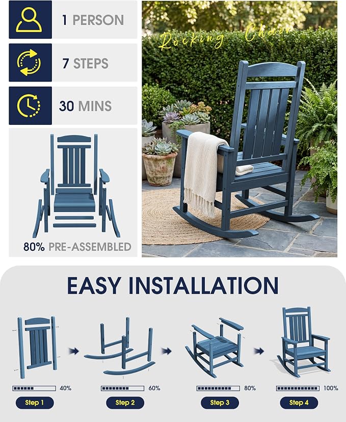Oversized Outdoor Rocking Chairs Set of 2, Porch Rocker Unique Blue | - Image 9
