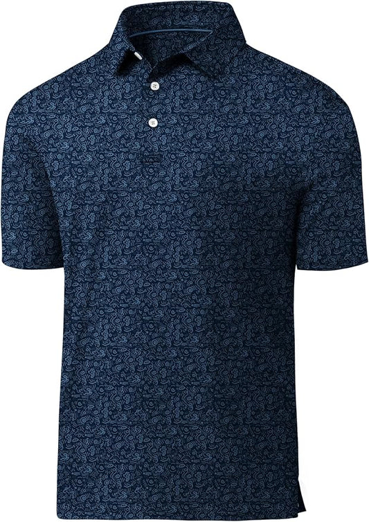 JACKETOWN Mens Polo Shirts Short Sleeve Print Dry Fit Performance Moisture Wicking Casual Collared Golf Shirts