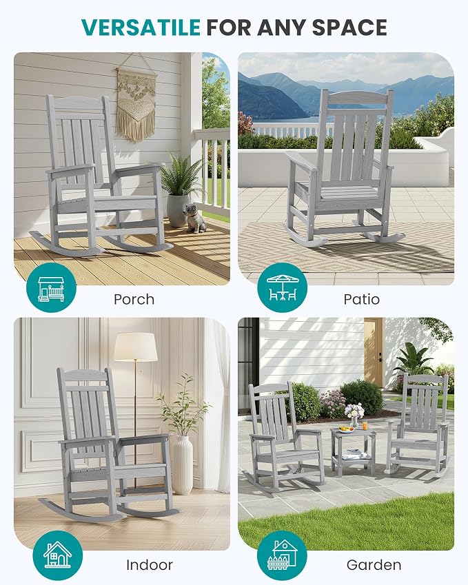 SERWALL Rocking Chair Outdoor, Oversized Patio Rocking Chairs, Light Gray | - Image 9