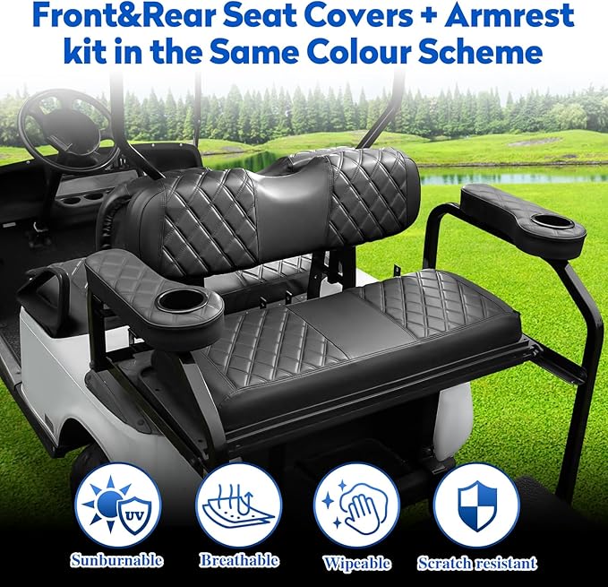 NOKINS Golf Cart Seat Covers for EZGO TXT 1994-2013/EZGO RXV, Vinyl Front&Rear Seat Cover with Flip-Up Armrests kit, with Cup Holder, for 1" Square Tube (Black&Black Stitching)