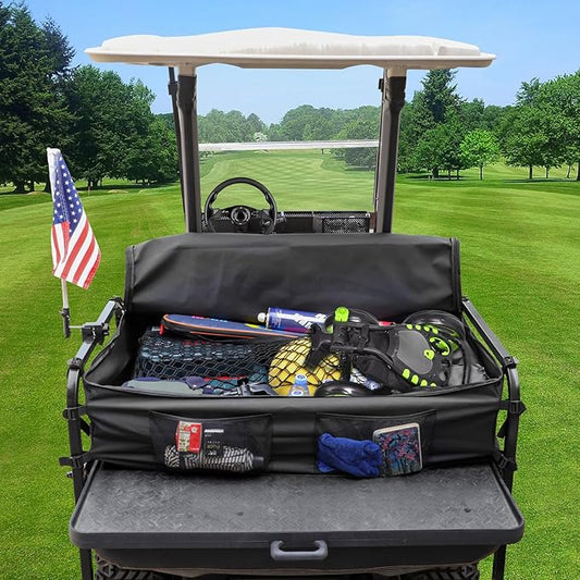 Golf Cart Rear Storage Bag for 4 Passenger EZGO, Club Car, Yamaha Golf Carts, 900D Water-Repellent No Drilling Grocery Shopping Cargo Box with Secure Net and Adjustable Straps for 2+2 Seat