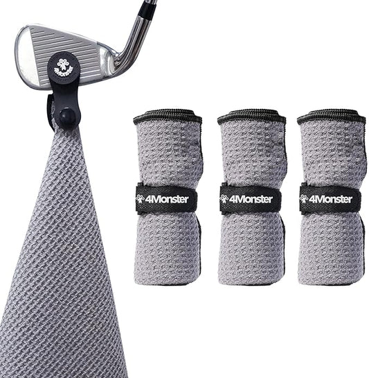 4Monster Golf Towels 3-Pack with Detachable Magnet and Portable Pouch, Quick-Dry Microfiber Golf Towel Set for Golf Bags,Custom Towel Gifts for Men or Women (3, Grey)