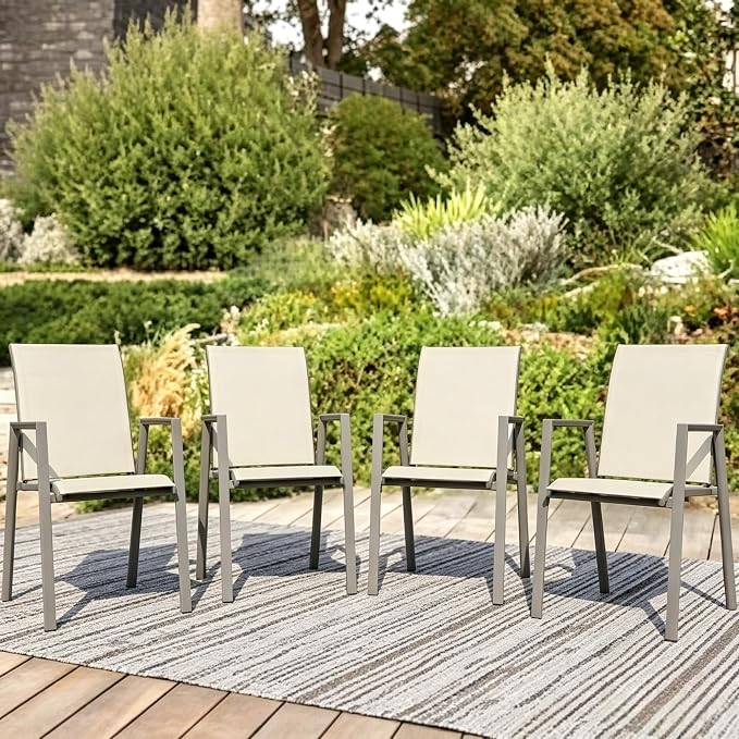 Outdoor Patio Chairs Set of 4, Ivory Beige Stackable Outdoor Chairs, by Home