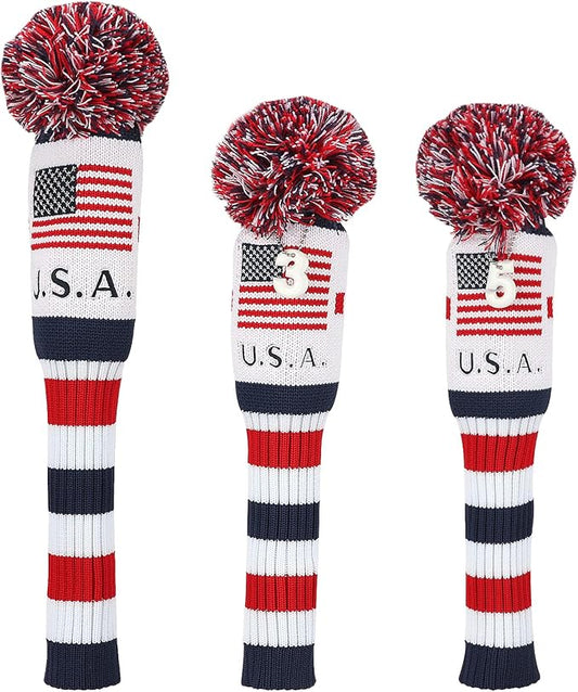 Craftsman Golf Knit Pom Pom 3pcs Headcover Set Vintange Sock Covers for Driver and Woods