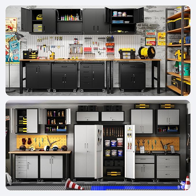 Metal Tool Cabinet,Garage Storage Cabinet System,Wall Cabinet & Locking Rolling Tool Cabinet with Doors and Adjustable Shelves,Steel Tool Cabinets for Home (4 Pcs-StyleC, Black)