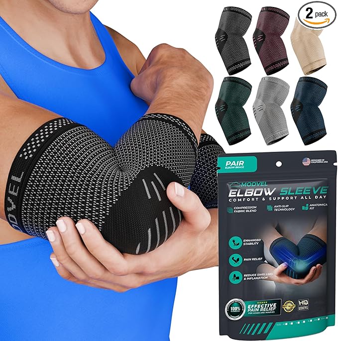 Modvel 2 Pack Elbow Brace - Golfer's Elbow Compression Sleeve Support for Joint Pain Relief, Recovery, Tendonitis Braces, Tennis Elbows Brace For Men & Women, Workout & Weightlifting Arm Wrap, Black