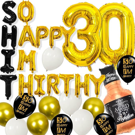 30th Birthday Decorations for Him, Thirty Birthday Decorations in Black and God So Happy IM Thirty Balloons Set for Party