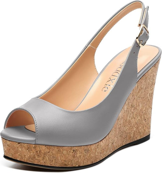 Womens Peep Toe Wedge Heels Matte Fashion Cork Slingback Pumps Platform Wedge Sandals 3.94 Inches