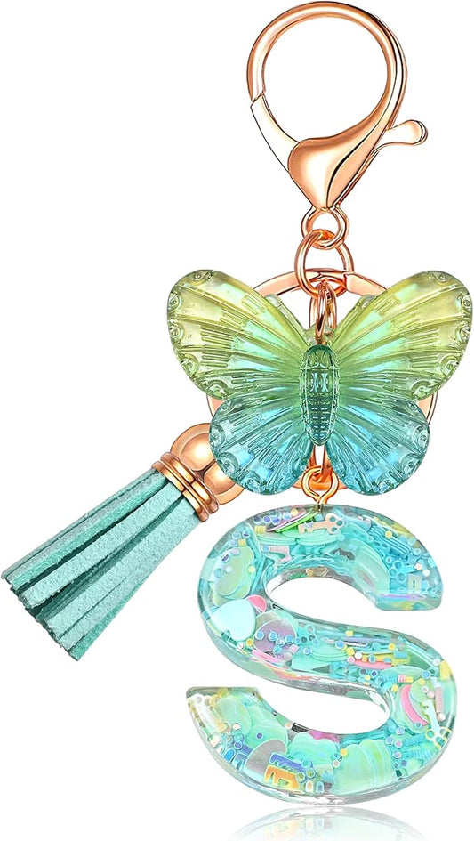 JINGUAZI Initial letter Keychains for Women Tassel Butterfly Pink Purple Cute Car Keychain for Wallet Backpack bag charm