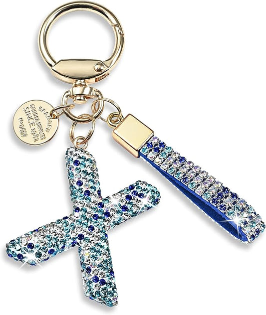 Pink Blue White Initial Letter Keychain Gift for Women Girls Bling Sparkly Cute Backpack Car Key Accessories Lanyard