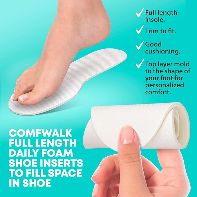 Shoe Filler Insert - Full Length Daily Latex Foam Shoe Inserts, Shoe Insoles for Shoes That are Too Big, 3 Pairs (EU 28-34, US Kids 11- US Junior 4)