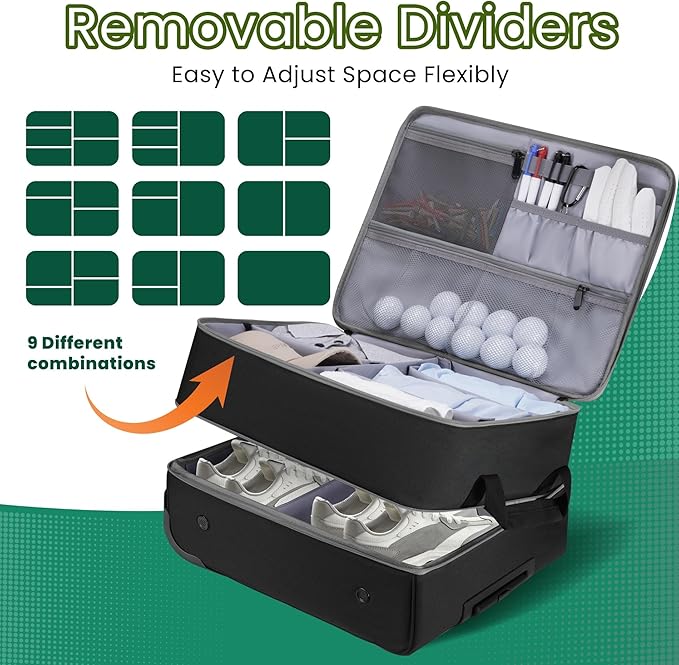 Golf Trunk Organizer with Wheels, 2 Layer Waterproof Golf Organizer for Car, Separate Ventilated Compartment for 2 Pair Shoes, Storage for Clothes & Accessories, Golf Gifts for Men & Accessory ﻿