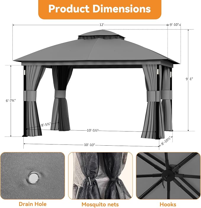 Patio Gazebo 10'x12' with LED Lights & Bluetooth Speaker, Heavy Duty Outdoor - Image 3