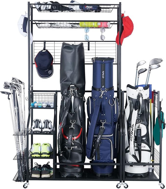Mythinglogic Golf Bag Storage Garage Organizer,2 Golf Bags Storage Stand and Golfing Equipment Accessories Storage Rack with 4 Removable Hooks, Extra Golf Clubs Display Rack