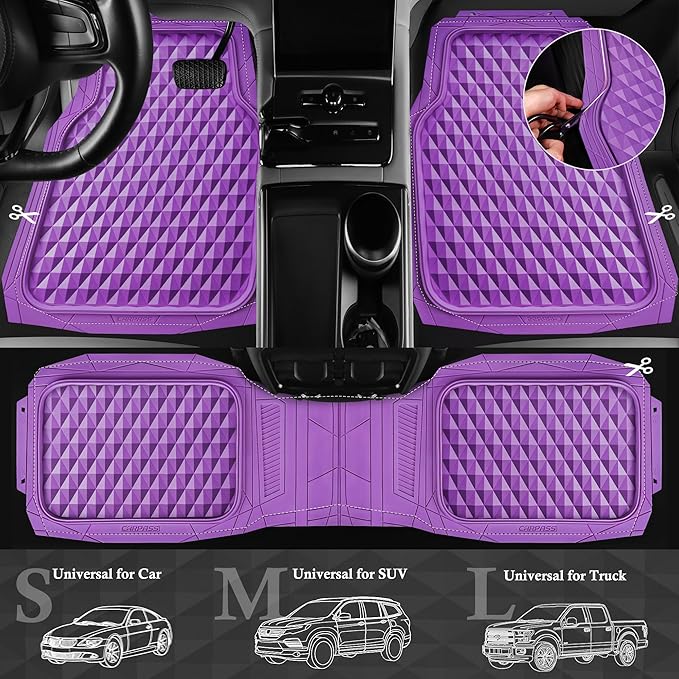 CAR PASS Heavy Duty Rubber Purple Car Floor Mats & Cargo Liners, Deep Dish All-Weather Trunk Mats Durable Anti-Slip 3D Rhombus Waterproof Trim to Fit Liner Universal Fit Auto,Sedan,SUV,Truck, Purple