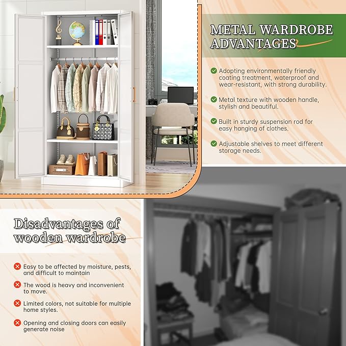 Greenvelly Metal Wardrobe Cabinet with Wooden Handle, 72" Metal Wardrobe Closet with Hanging Rods and Adjustable Shelves, Clothing Storage Closet Cabinet for Home, Office, Employee, Gym (White)