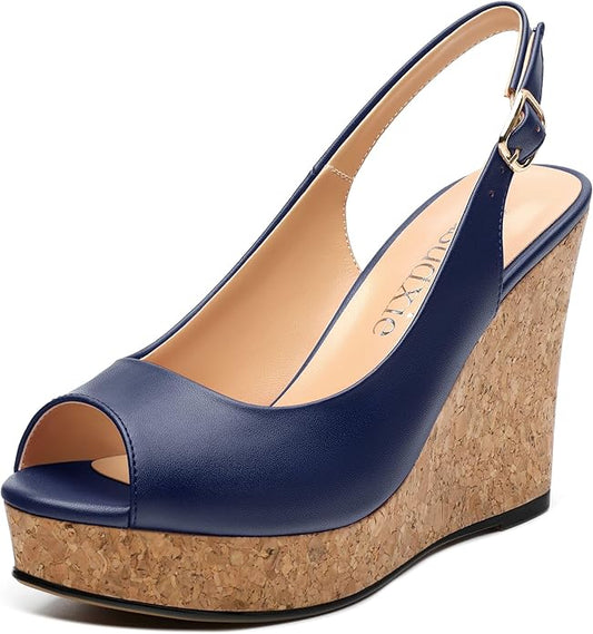 Womens Peep Toe Wedge Heels Matte Fashion Cork Slingback Pumps Platform Wedge Sandals 3.94 Inches