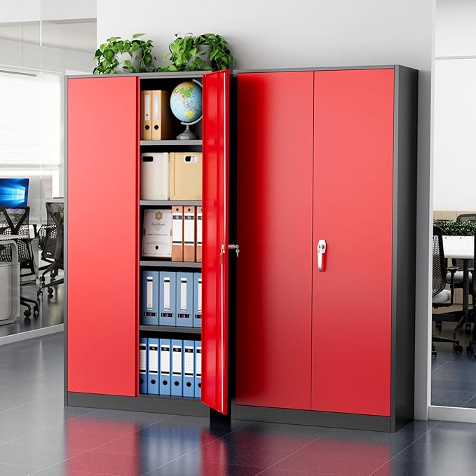 Greenvelly Metal Storage Cabinet with Doors and Shelves, 72”-Inch Locking Metal Cabinet,Garage Storage Cabinet for Garage Office School Warehouse (Black Red)
