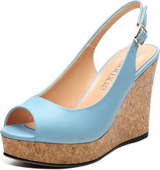Womens Peep Toe Wedge Heels Matte Fashion Cork Slingback Pumps Platform Wedge Sandals 3.94 Inches