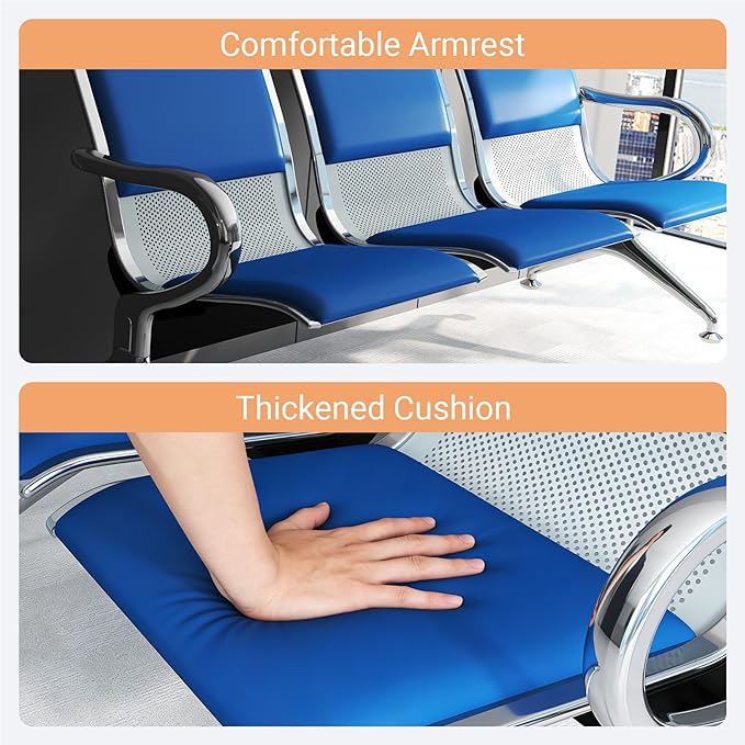 Kinfant 3-Seat PU Leather Waiting Room Bench – Blue Reception Chair for Office, Hospital, Bank, Salon, Airport