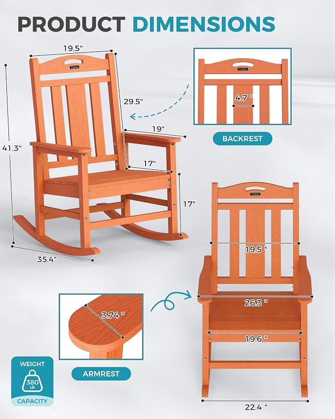 Oversized Outdoor Rocking Chairs Set of 2, 380lbs Heavy-Duty Large Patio Rocker - Image 3