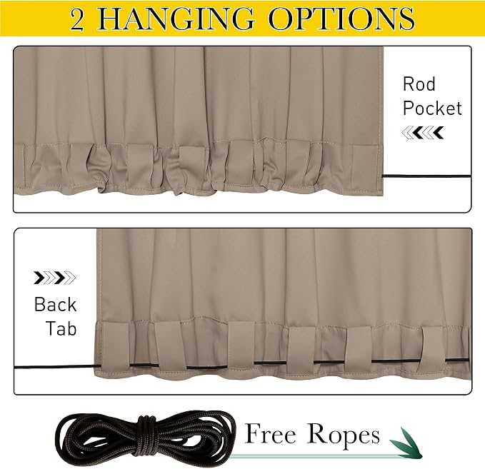 NICETOWN 2 PCs Outdoor Curtains Waterproof Fixed Bottom W52xL84 Soft Brown | - Image 3