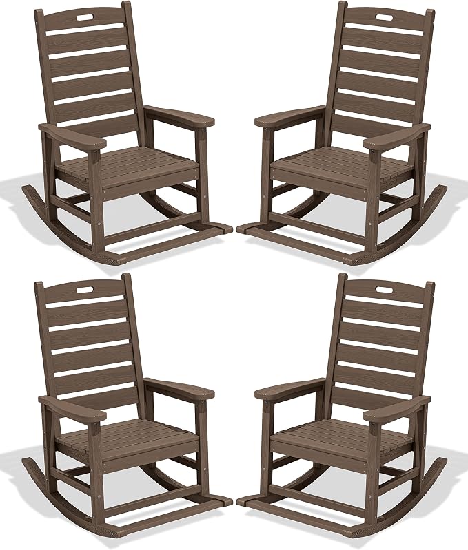SERWALL Outdoor Rocking Chair Set of 4, Oversized HDPE Rocker, Coffee | by SERWALL