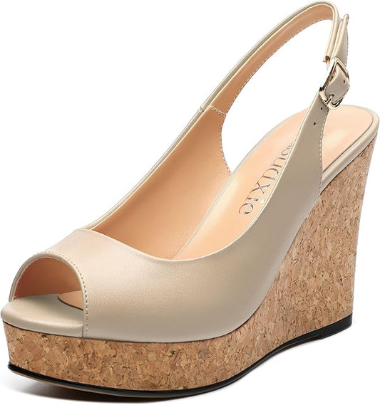 Womens Peep Toe Wedge Heels Matte Fashion Cork Slingback Pumps Platform Wedge Sandals 3.94 Inches