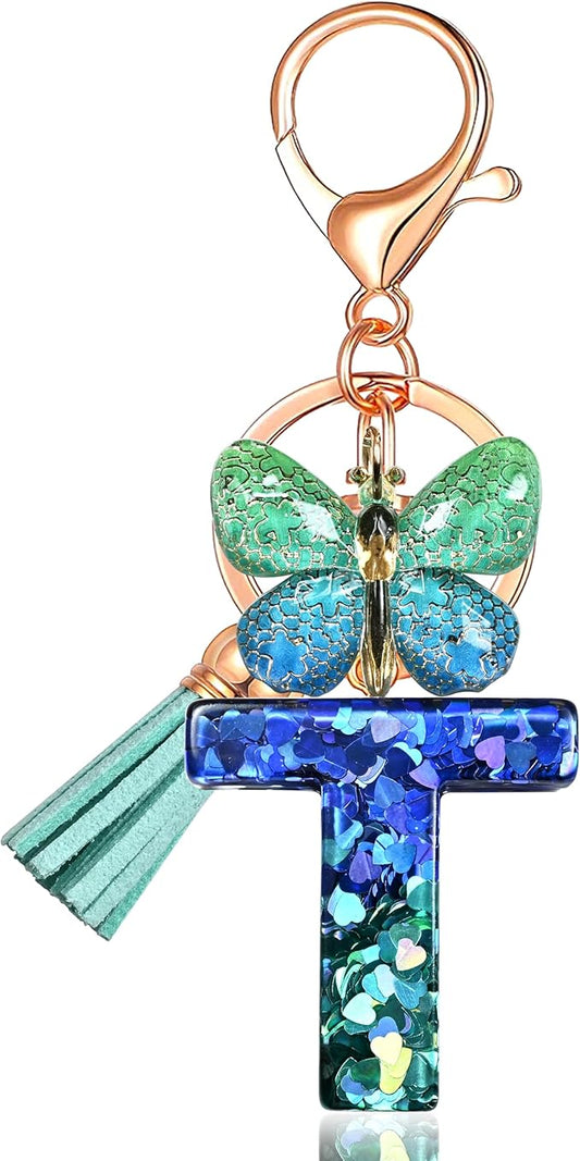 JINGUAZI Initial letter Keychains for Women Tassel Butterfly Pink Purple Cute Car Keychain for Wallet Backpack bag charm