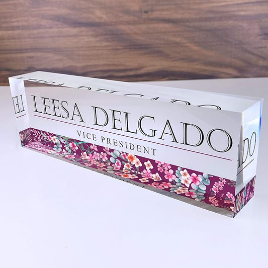 Artblox Personalized Name Plate for Desk | Wild Flowers Design On Clear Acrylic Glass | Custom Desk Name Plate Personalized with Your Name and Credentials for Teacher Phd Military Office Name Plate