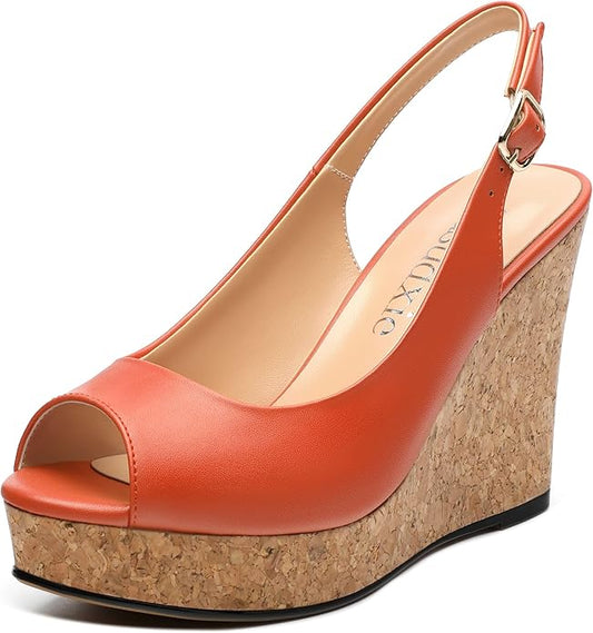 Womens Peep Toe Wedge Heels Matte Fashion Cork Slingback Pumps Platform Wedge Sandals 3.94 Inches